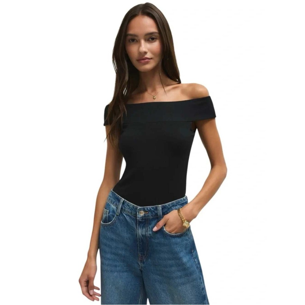 NWT Z Supply Second Skin Off Shoulder Top Black Small Thick Soft Slim Fit Bardot